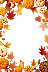 Thanksgiving background decoration, dry leaves, berries and pumpkins on white background PNG