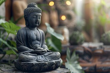 Serene Stone Buddha Statue in Lush Zen Garden Promoting Inner Peace and Mindful Contemplation - obrazy, fototapety, plakaty