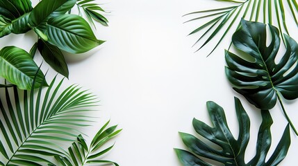 Exotic vibes: top-view palm leaves on minimalist tropical white background for fashion