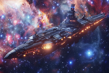Imperial SpaceShip cruising at light speed across the galaxy, featuring science fiction and star wars-inspired technology