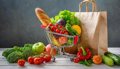 grocerries and vegetables, fruits shopping cart and paper bag