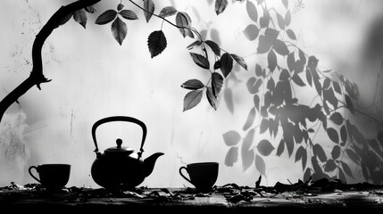 A black and white photo of a teapot and two teacups on a wooden table. The background is a wall...