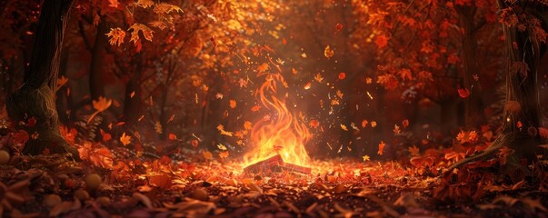 A bonfire burns in a forest clearing. The leaves are falling from the trees and the fire is...