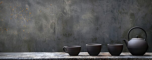 A still life of a teapot and three cups on a wooden table against a dark background. - obrazy, fototapety, plakaty