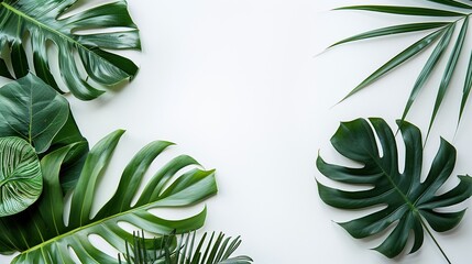 Minimalist elegance: exotic palm leaves atop a tropical white background