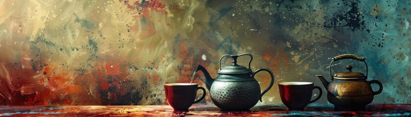 A still life of a teapot and two teacups. The background is a colorful abstract painting. - obrazy, fototapety, plakaty