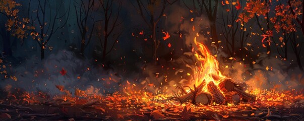 bonfire in the middle of a forest with autumn leaves