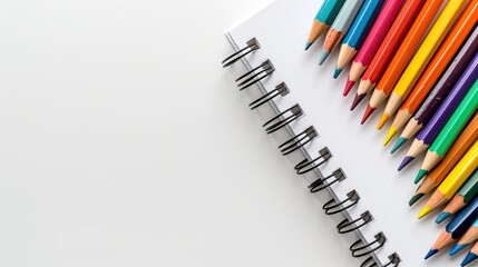 Above Shot: Colorful Pencils and Notebook on Clean White Surface