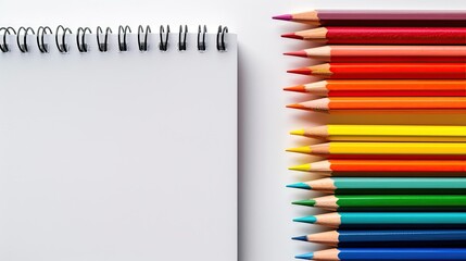 View from Above: Color Pencils and Notebook Arrangement on White
