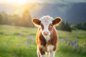 cute fluffy cow-calf grazing on grass meadow in the summer sunshine; farm animals portrait