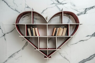 elegant white and dark red wooden wall hanging bookshelf with love shape on white marble wall 