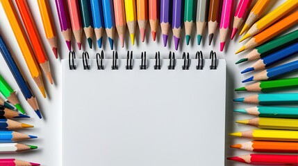 Color Pencil Assortment and Notebook Seen from Top on White Table