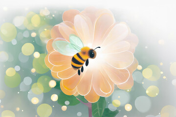 cute round bee carrying a bucket of honey and foraging in a garden close to a large flower