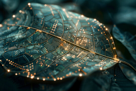 A transparent leaf with vines made from digital circuit