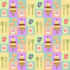 Pattern with kitchen utensils and baked goods. Buns and cake. Potholders - mittens and a whisk with a spatula. Flour in a bag and sugar in a jar. Square colored blocks. Vector.