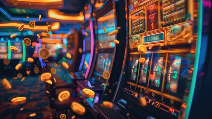 An image of flashing lights and spinning reels on a slot machine big win with coins spilling out. - obrazy, fototapety, plakaty