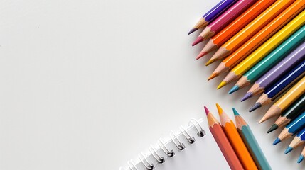 Overhead Perspective: Color Pencils and Notebook on White Background