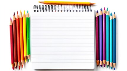 Colorful Pencil Arrangement with Notebook on White Table - Top View