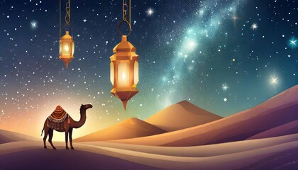 3d camel on desert . Hanging three lantern islamic . Cosmos night sky and comet