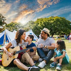 family enjoying a laid-back summer music concert in a community park, with a local band playing on...