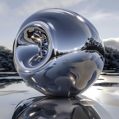 Beautiful and Elegant 3D Render Abstract Art: Surreal 3D Ball in Organic Curves, Smooth Silver Metal with Color Spectrum Lines and Glass Parts on Light Grey Background