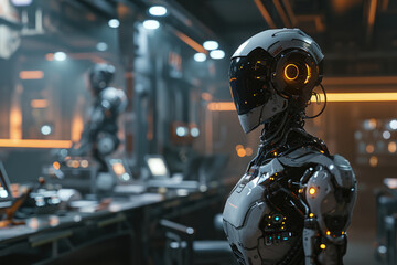Fototapeta premium Artificial Intelligence Robot Humanoid Working in Office, Concept of Artificial Intelligence and Automation