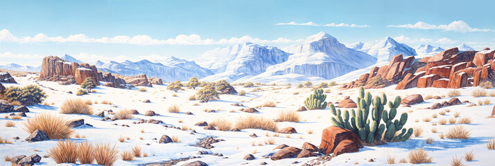 Scenic landscape reminiscent of a desert valley in Arizona during winter with snow covering the ground and rocky sandstone cliffs, brown grass and cactus plants growing next to boulders.
