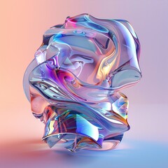 Beautiful and Elegant 3D Render Abstract Art: Surreal 3D Ball in Organic Curves, Smooth Silver Metal with Color Spectrum Lines and Glass Parts on colorful Background