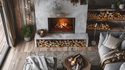 Overhead view of a cozy fireplace with stacked firewood, modern interior design, scandinavian style hyperrealistic photography
