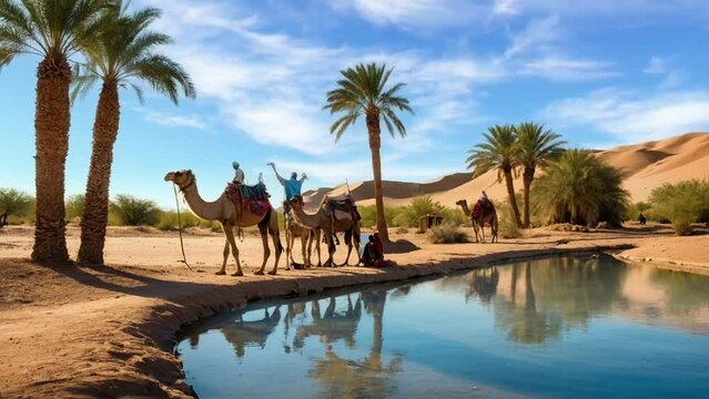 camels in the desert, seamless looping animation video background 
