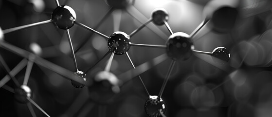 Molecule And Communication Background. Brochure or web banner design. Lines and spheres. Medical, technology, chemistry, science relative. Shallow depth of field. 3D rendering. Black and white 