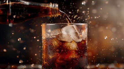 Bottle pouring coke in drink glass with ice cubes