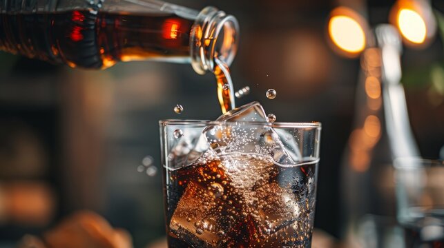 Bottle pouring coke in drink glass with ice cubes