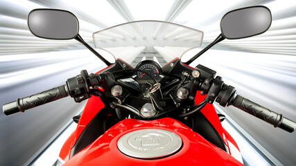 point of view of red sports type motorbike with fuel injection system, 250 cc engine,