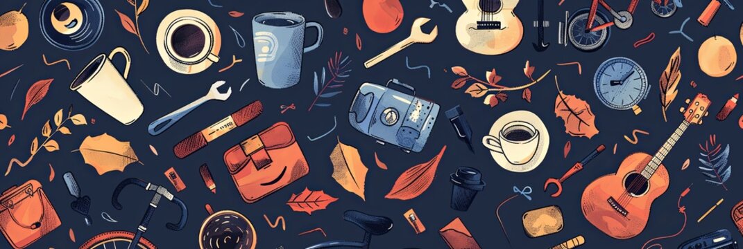 Hand-Drawn Tools and Hobbies Pattern for Father's Day