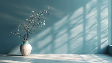 Empty interior background, room with blue wall, vase with branch and window