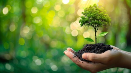 Naklejka na ściany i meble Environmental ecology save the world. Hand holding growing tree on green bokeh background.