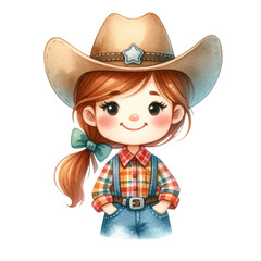 Watercolor cute cowgirl, Cowboy concept, American culture.