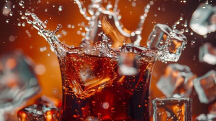 Ice cubes splashing into cola drink