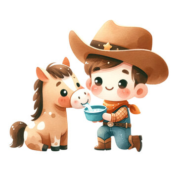 Watercolor cute cowboy feeding a horse, Cowboy concept, American culture.