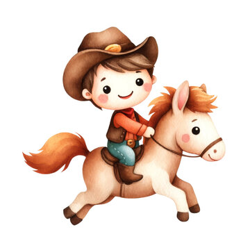 Watercolor cute cowboy riding a horse, Cowboy concept, American culture.