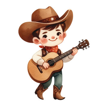 Watercolor cute cowboy playing a guitar, Cowboy concept, American culture.