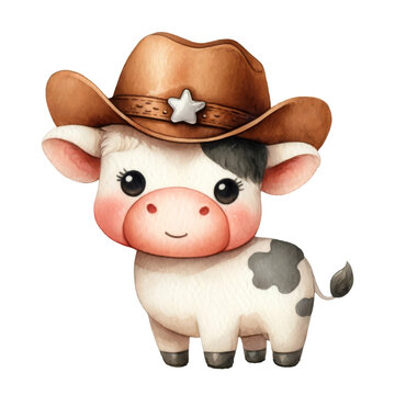 Watercolor cute cow wearing a cowboy hat, Cowboy concept, American culture.