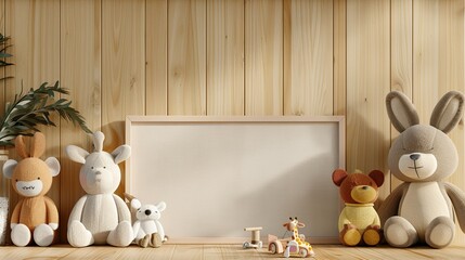 3D Rendering: Children's Bedroom Photo Frame Mockup with Playful Toys with a Wooden Board Background. Blank Space for Text, Advertisement. Scandinavian Style, 3D.