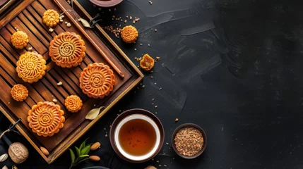 Foto op Plexiglas Top view of tea table party with mooncakes and nuts on wooden tray and set of tea on black background. © chanidapa
