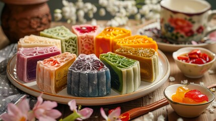 Snow skin sweet and savory traditional Chinese mooncakes with variety of fillings with cut wedges