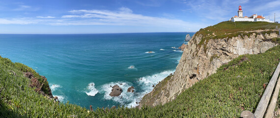 Panoramic View of the Lighthouse and Cliffs at Cabo da Roca, Portugal, Westernmost point of Europe  - 784157583