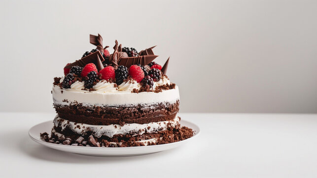 A cake with chocolate and raspberries on it sits on a plate 