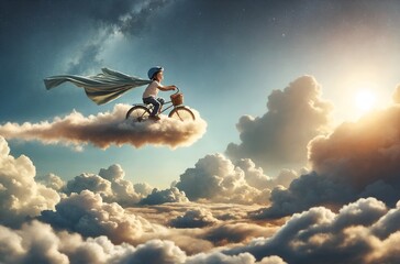 A child riding a bicycle on a fluffy cloud