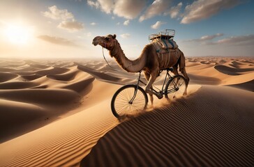 A camel riding a bicycle in the desert